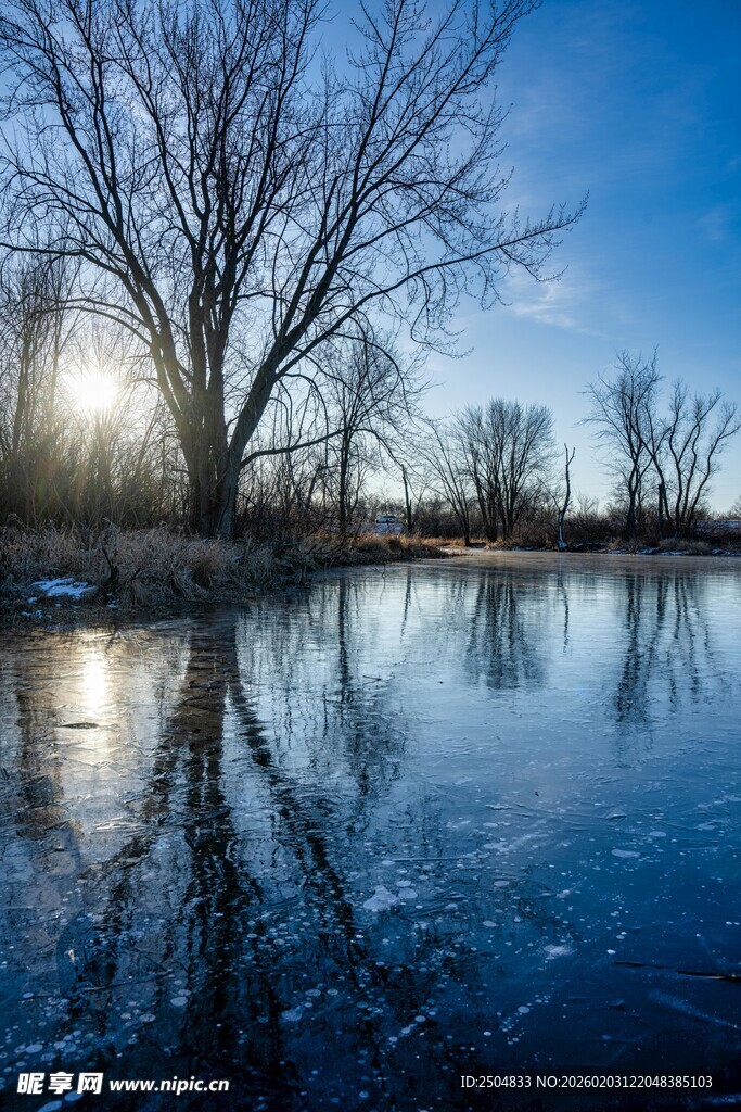 冬日冰封湖面静谧景象