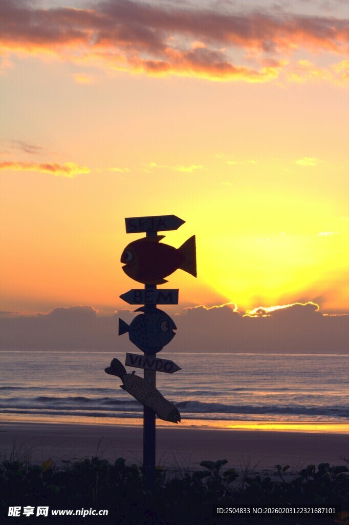海边日落时的指示牌景观