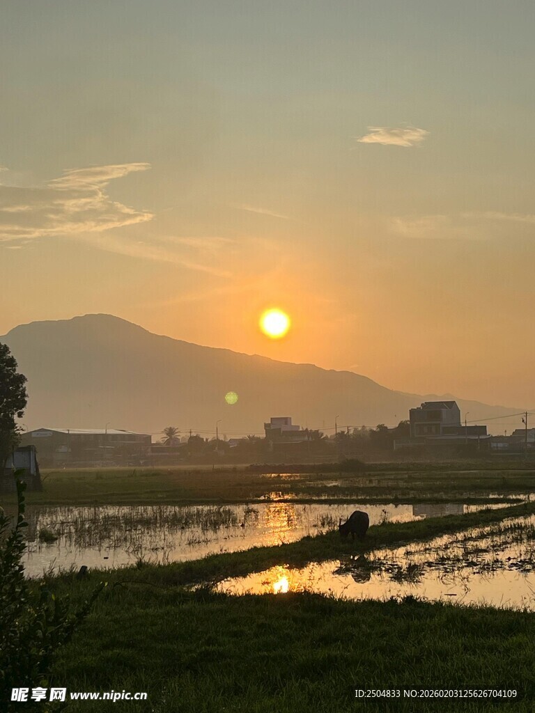 夕阳下的田野水乡美景