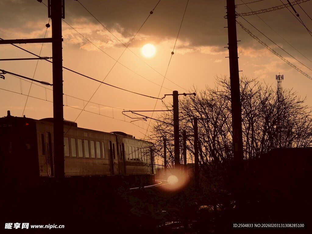 夕阳下的电线与城市景象