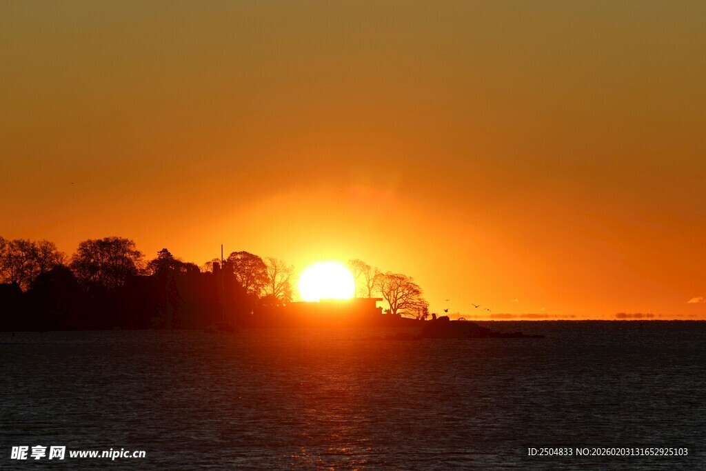 夕阳下的水面与远处树木