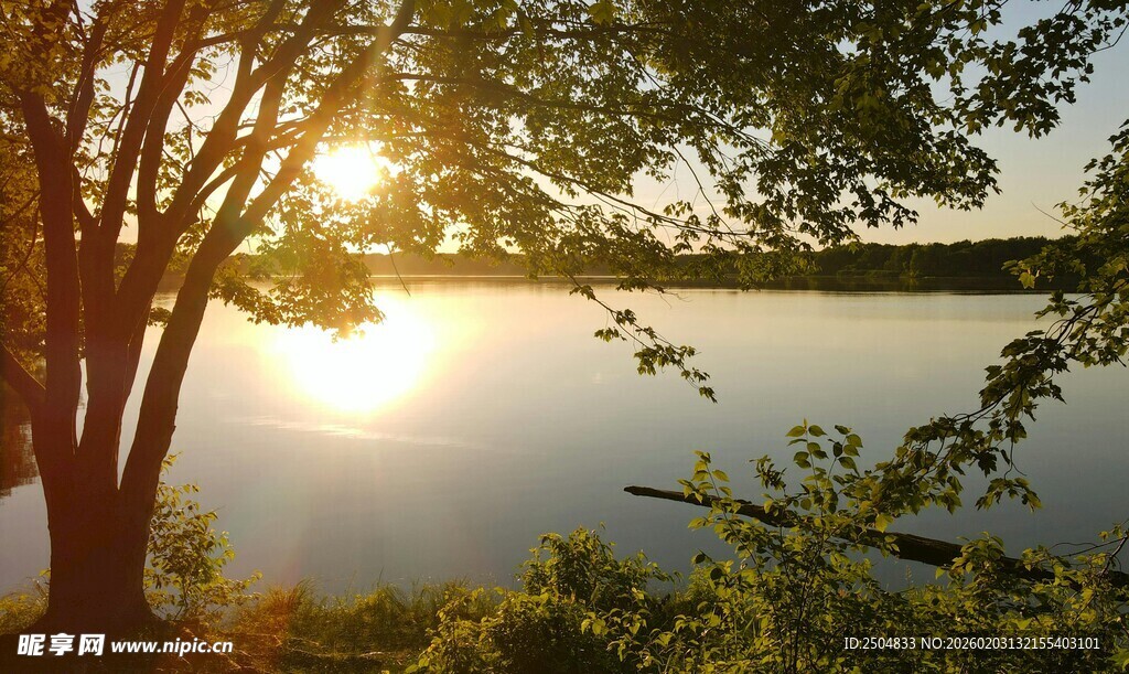 湖畔夕阳下的静谧风景
