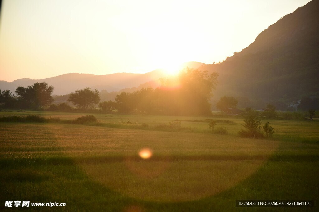 夕阳下的草地与远山美景