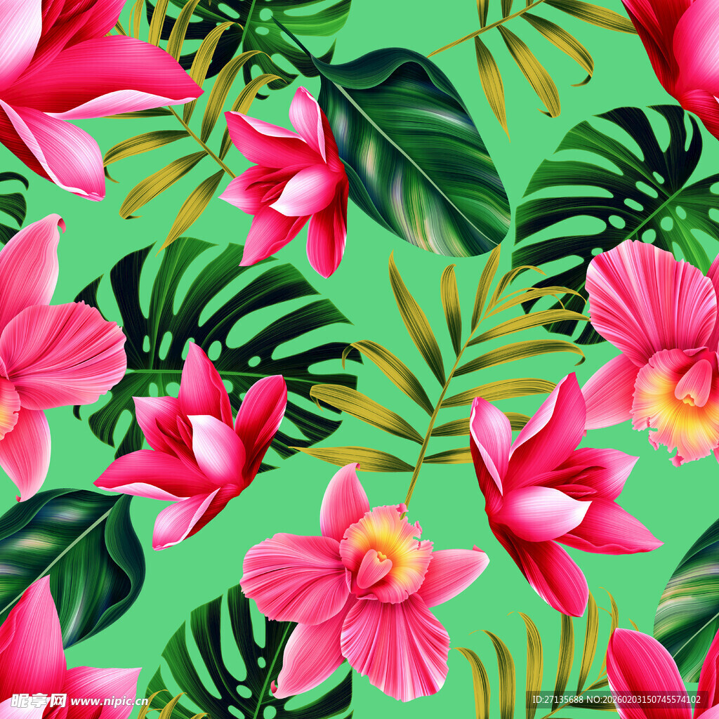 数码印花 热带花 热带叶子