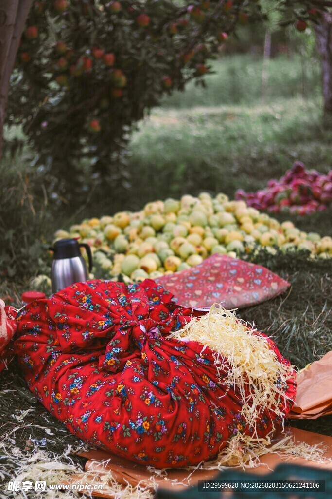 多彩蔬果与艳丽织物摆放