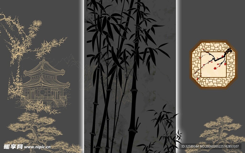 中式风竹景与古典时钟