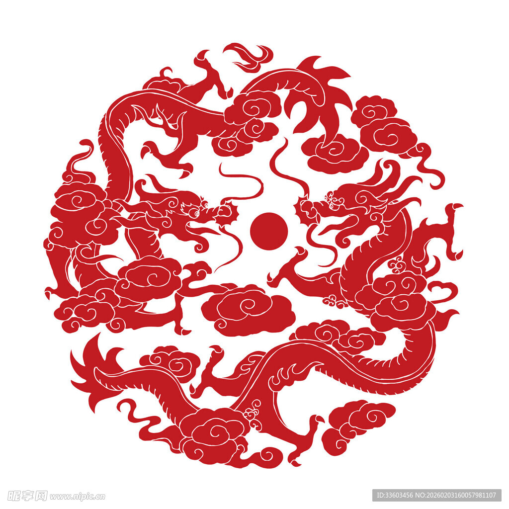 传统双龙戏珠剪纸图案