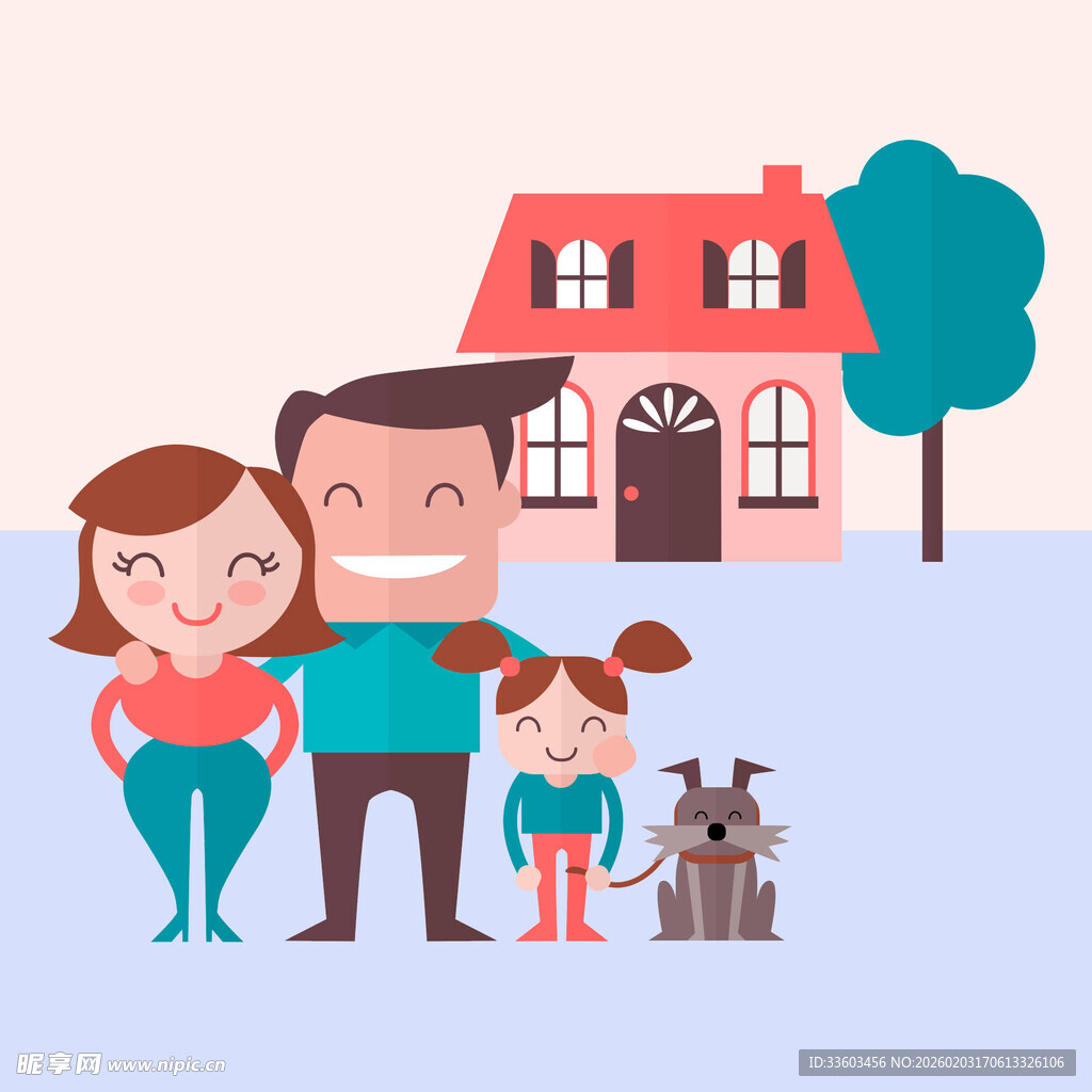 幸福家庭与宠物的温馨画面