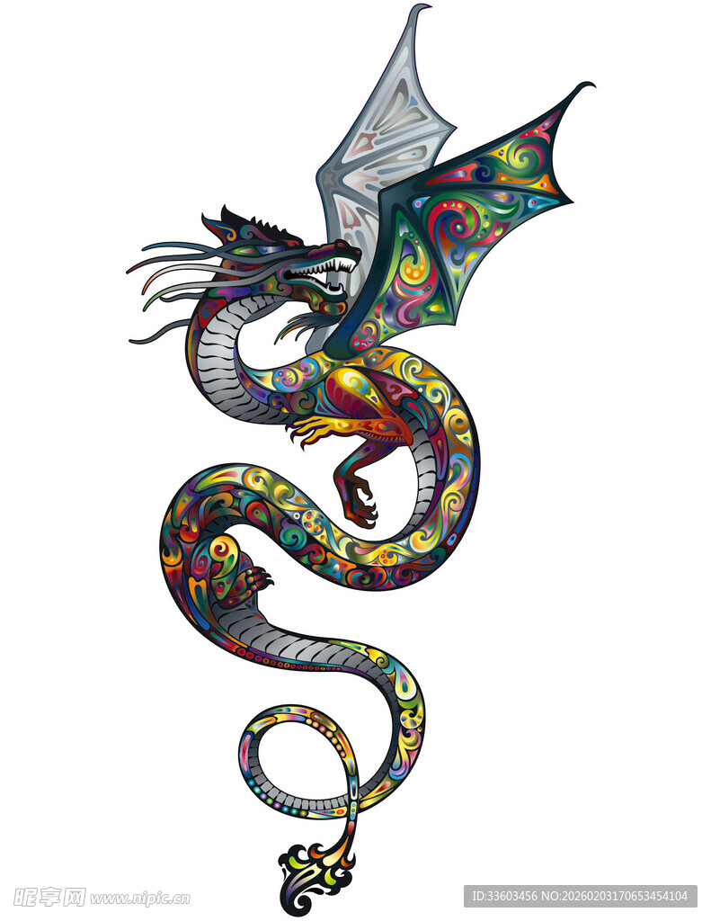 彩色奇幻飞龙纹身图案