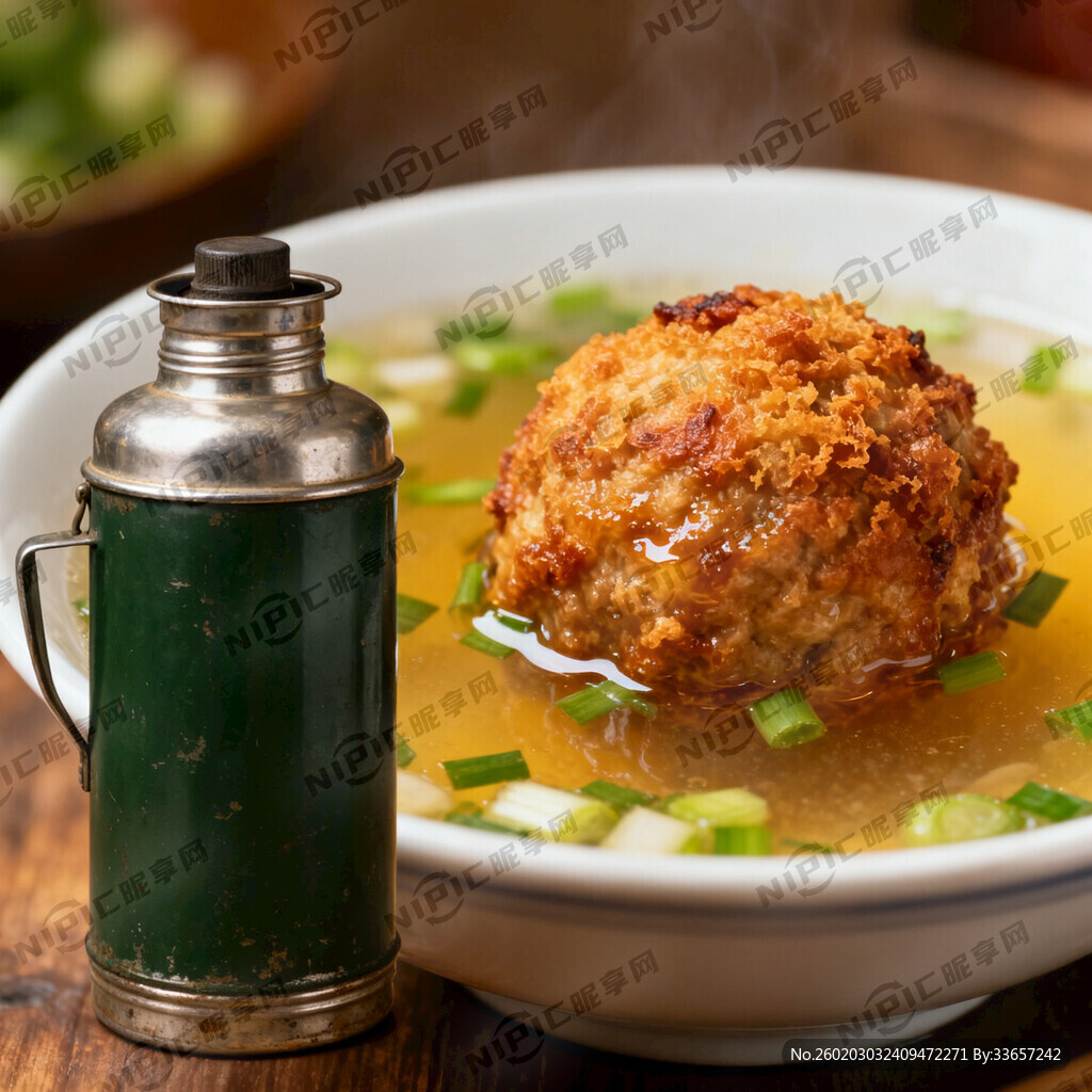 怀旧暖瓶和焦丸子组合的汤菜