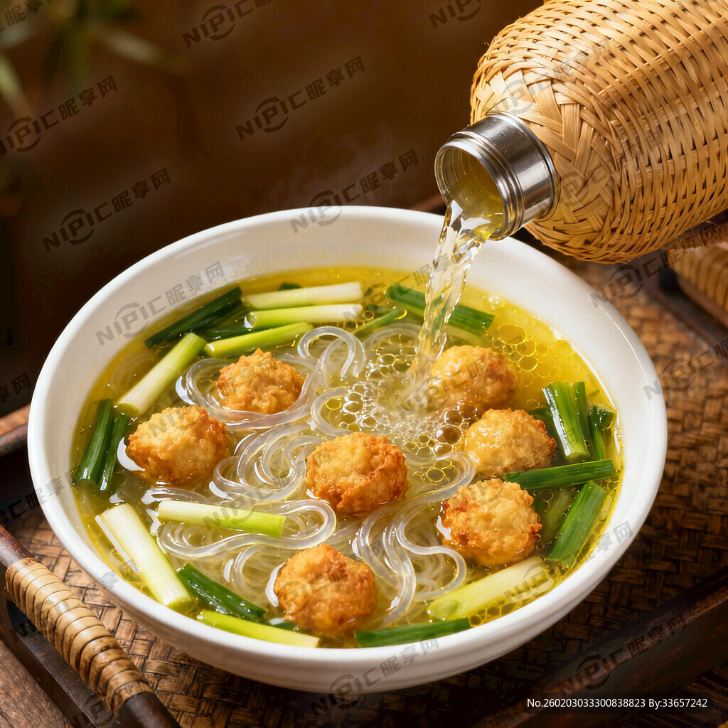 藤编暖瓶倒蒜黄韭菜酸汤和白色汤