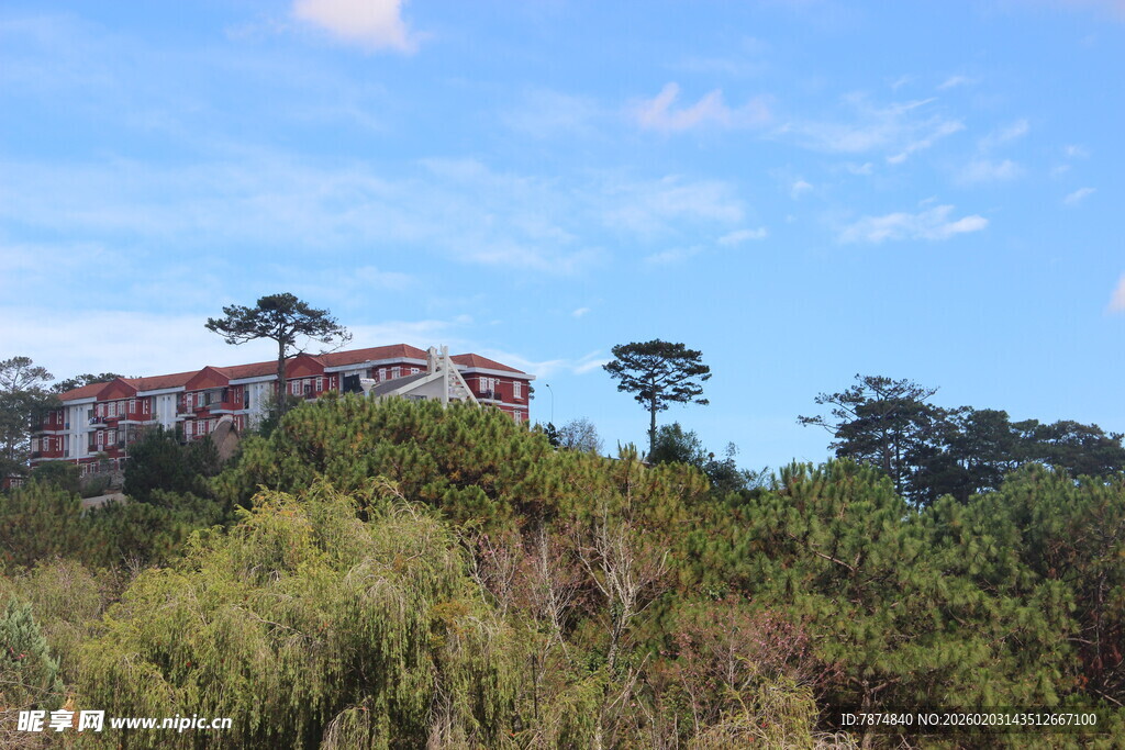 山坡上的红顶建筑