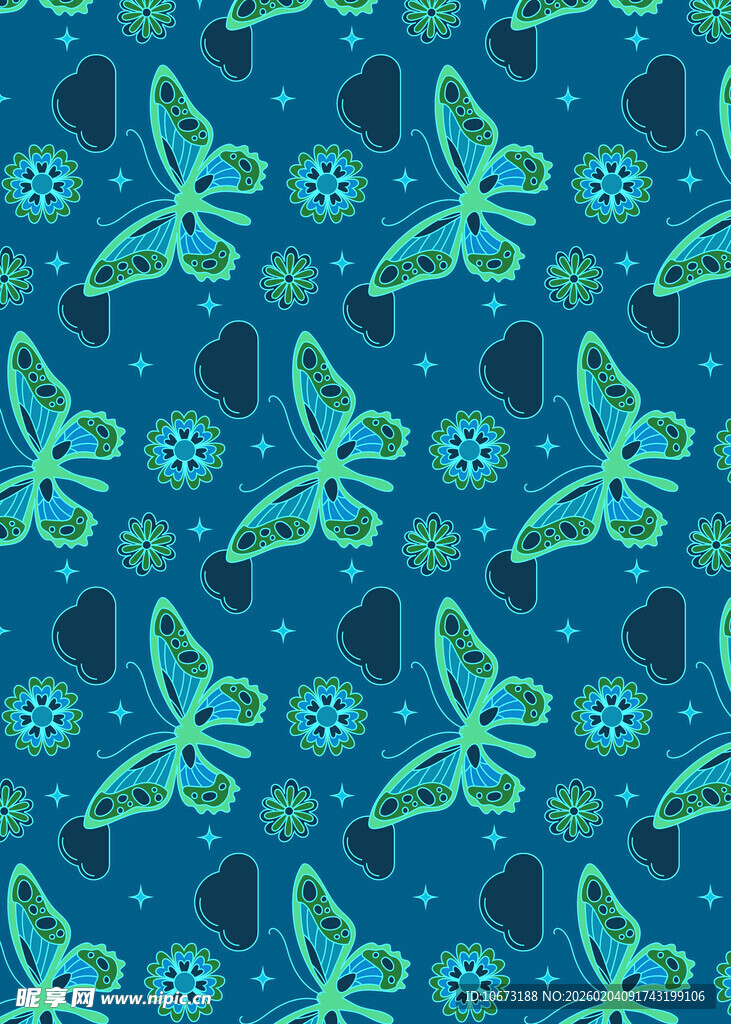 蓝底绿蝶几何图案纹理