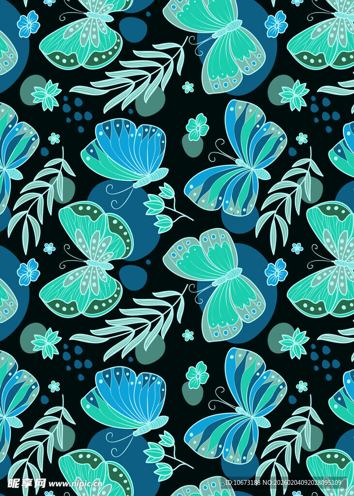 蓝绿蝴蝶花卉图案背景
