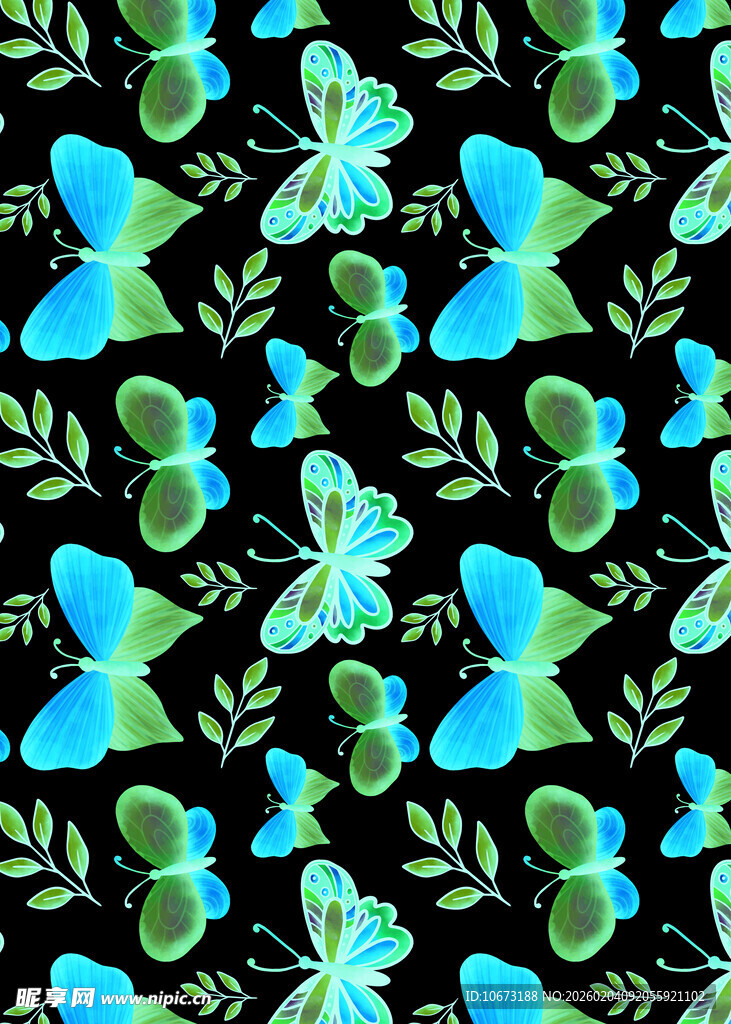 蓝绿蝴蝶绿叶图案背景