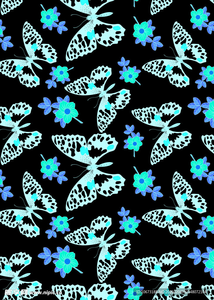 蓝白蝴蝶花朵黑色底纹图案