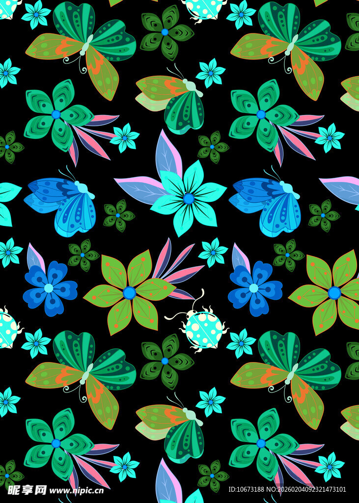 多彩花卉与蜻蜓图案背景