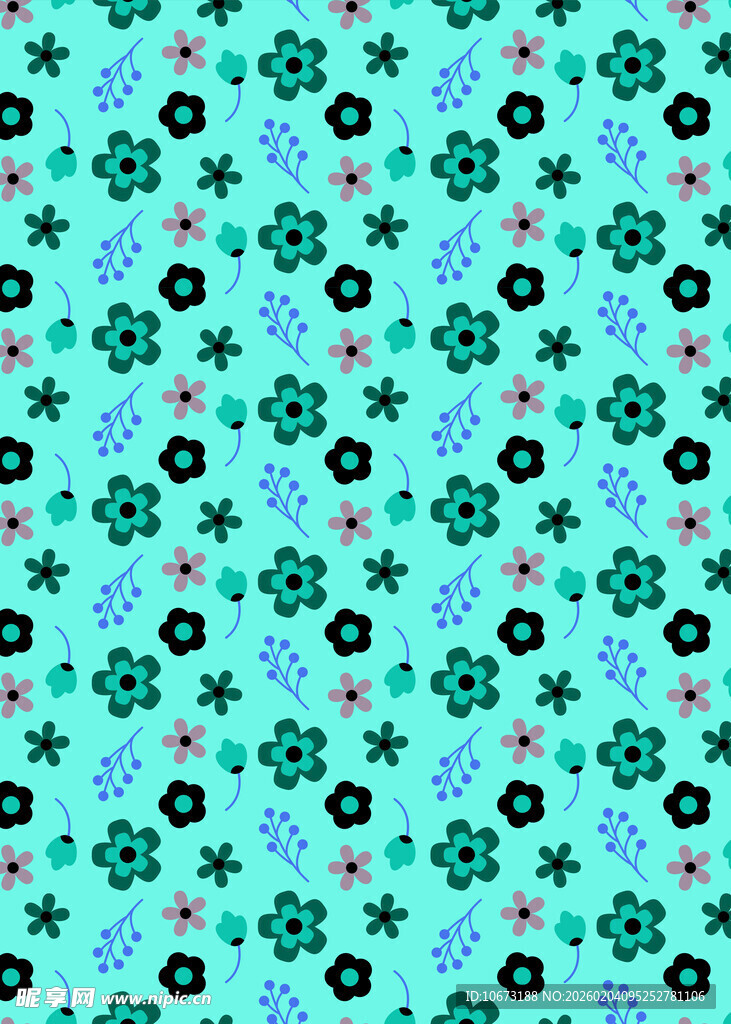 蓝绿色底几何花卉图案