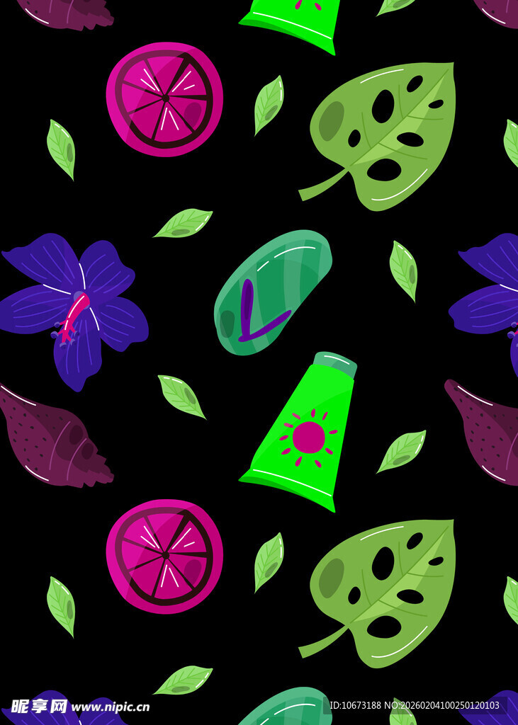热带水果花卉黑色背景图案