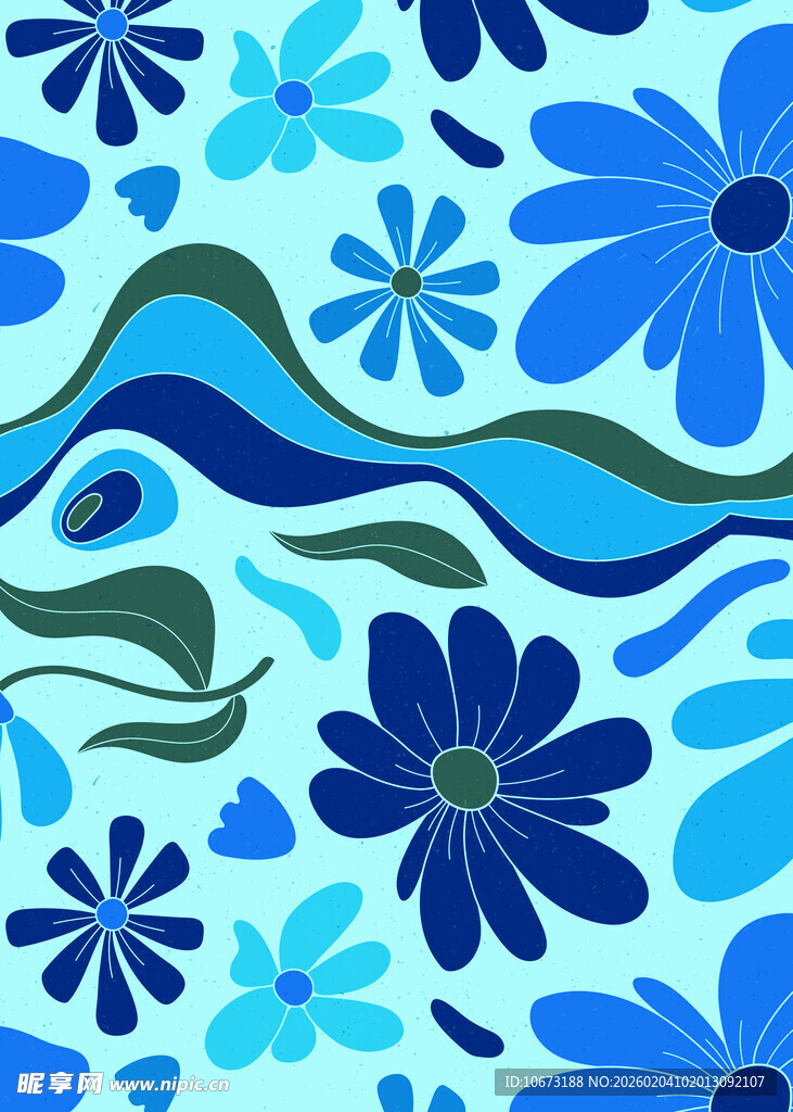 蓝色花卉波浪图案背景