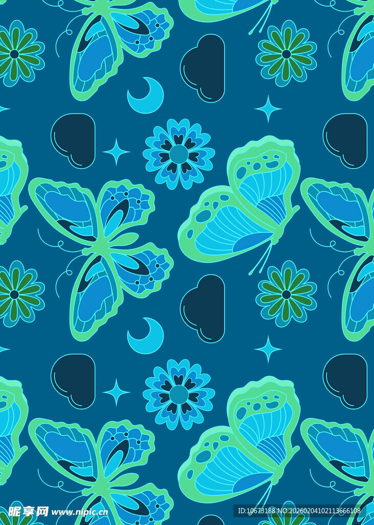 梦幻蓝调蝴蝶花卉图案