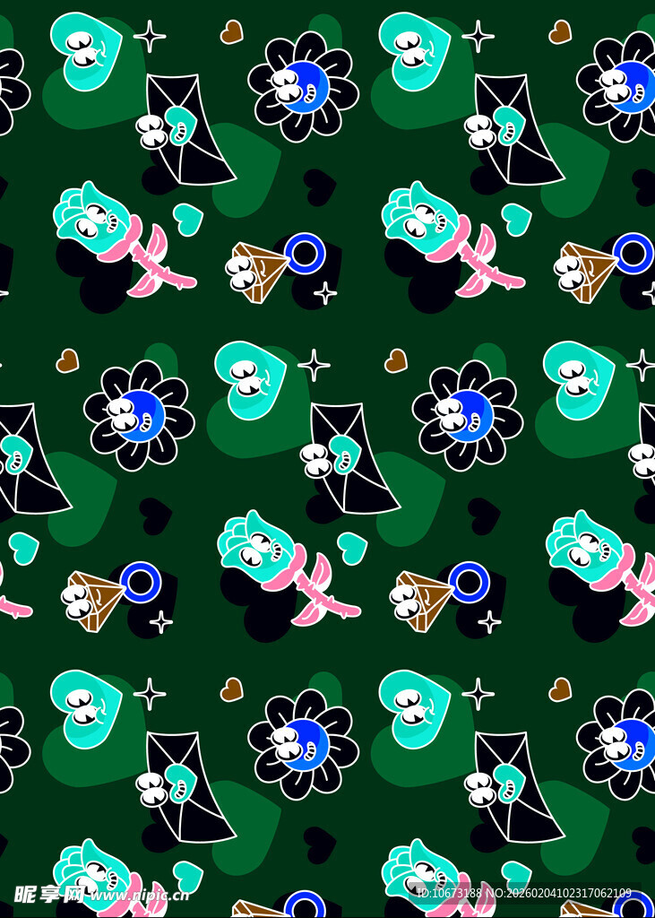 绿色背景多彩卡通图案纹理