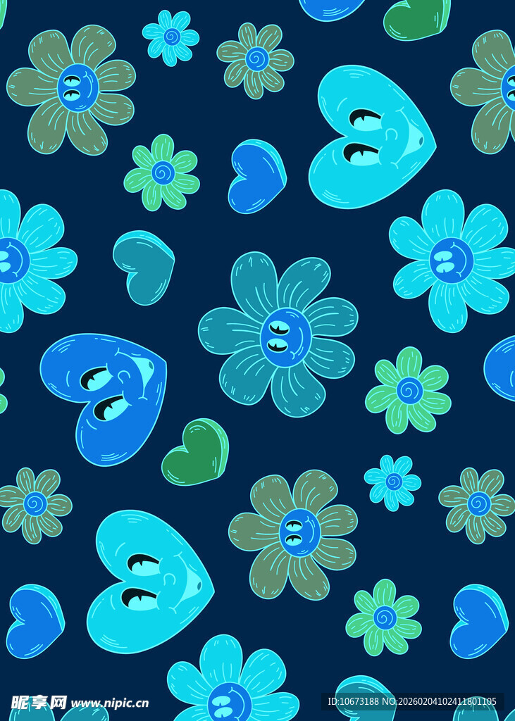 蓝色花卉爱心图案背景