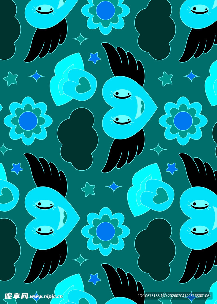 蓝绿花卉与卡通小鸟图案