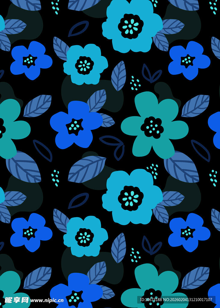 蓝绿花卉黑色背景图案