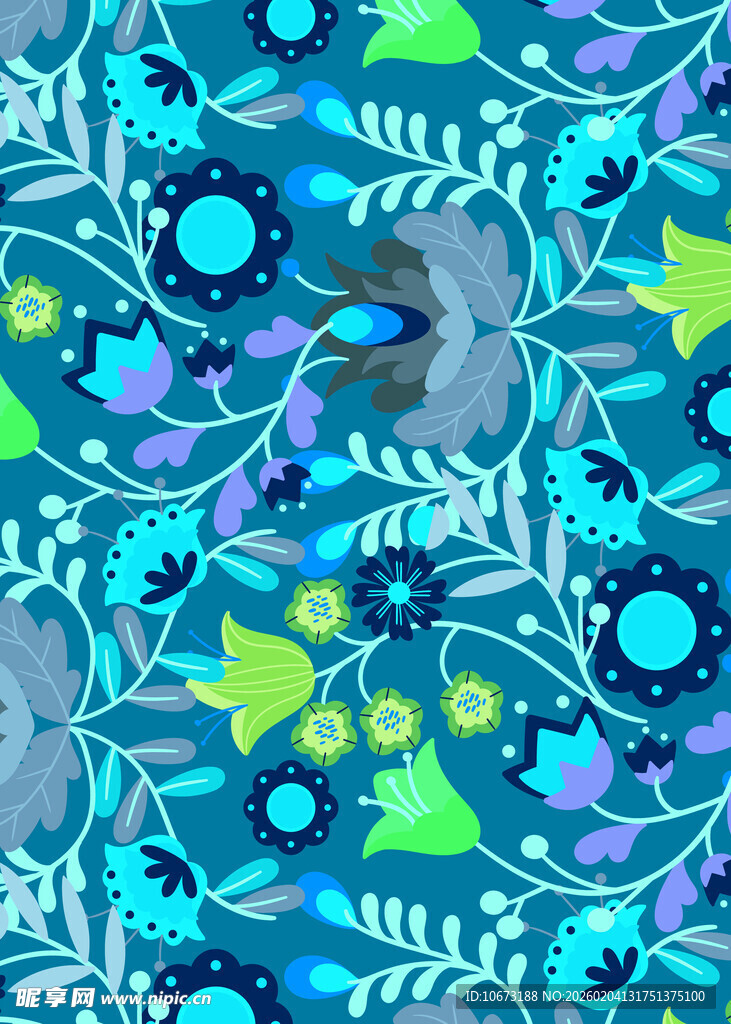 蓝绿色调奇幻植物动物图案