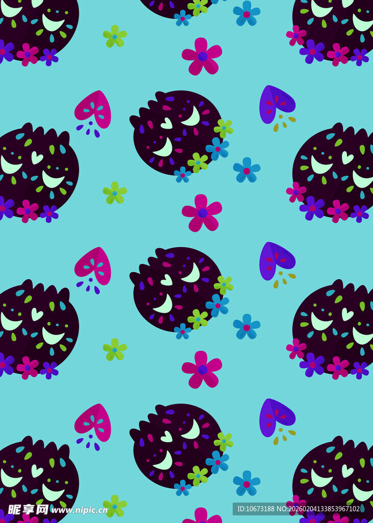 蓝色底可爱黑猫花卉图案