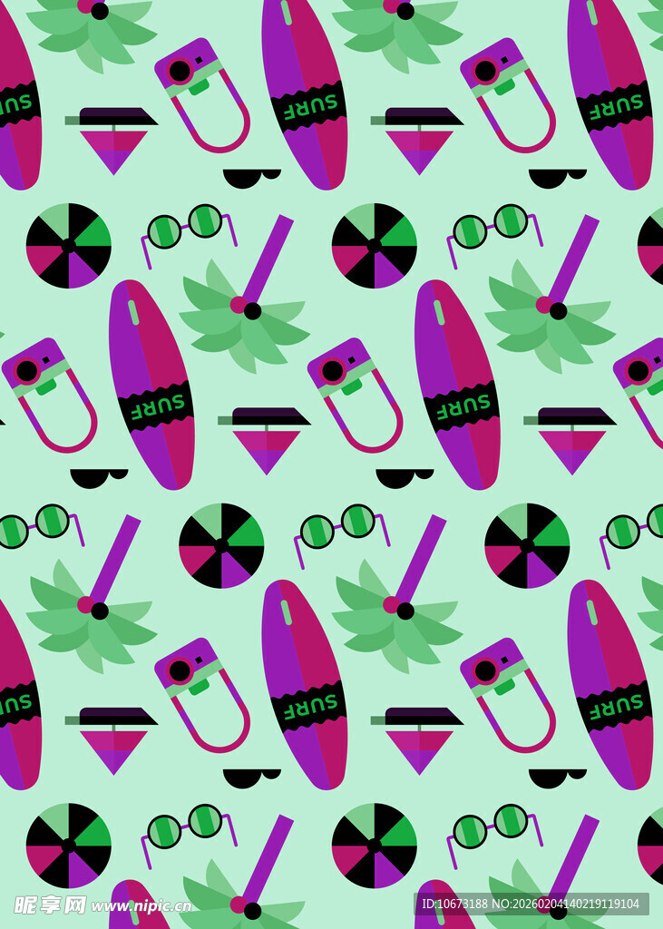 夏日冲浪元素无缝图案