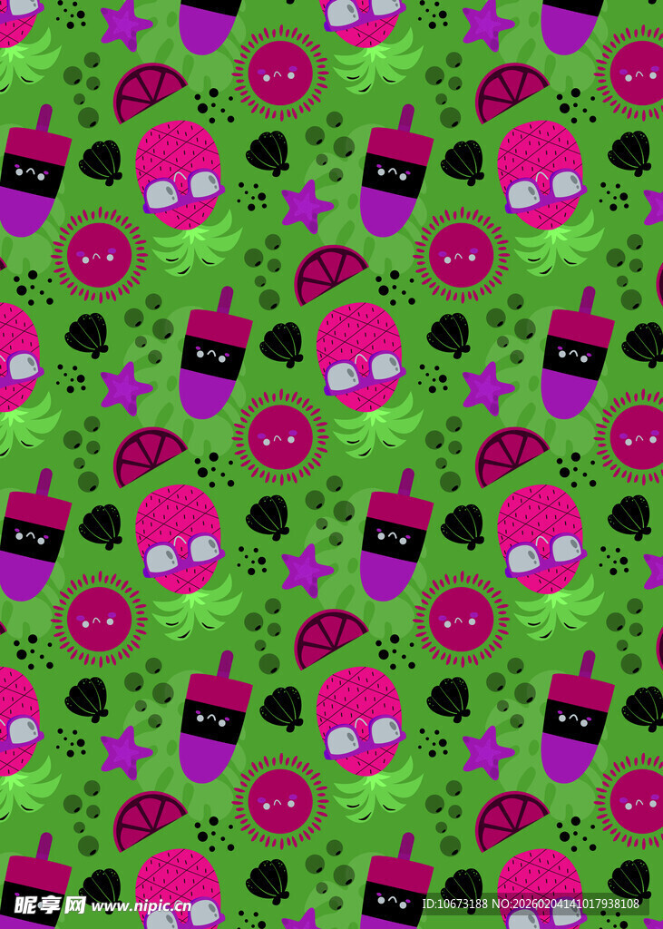 绿色底粉色卡通图案纹理