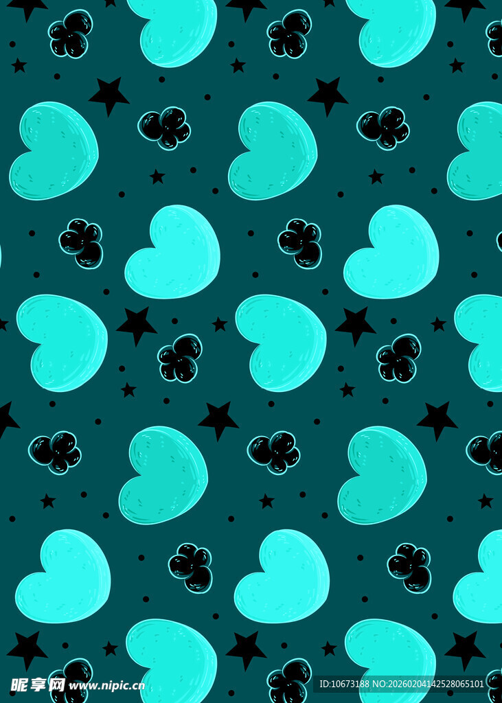 蓝绿色心形星星图案背景