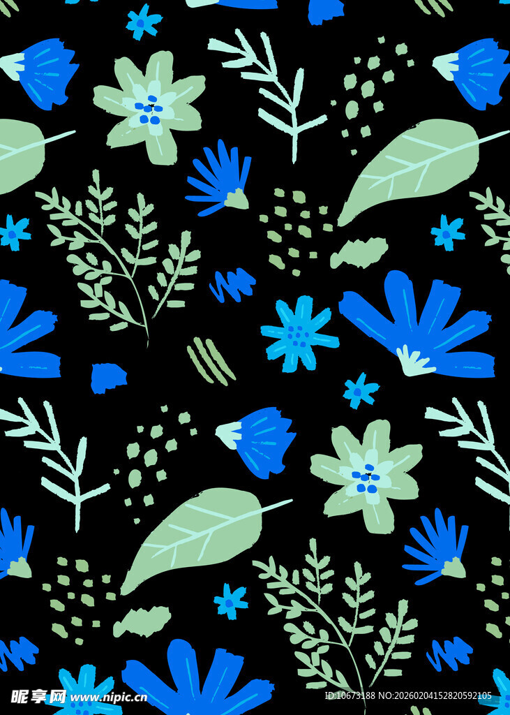 蓝绿花卉黑色背景图案
