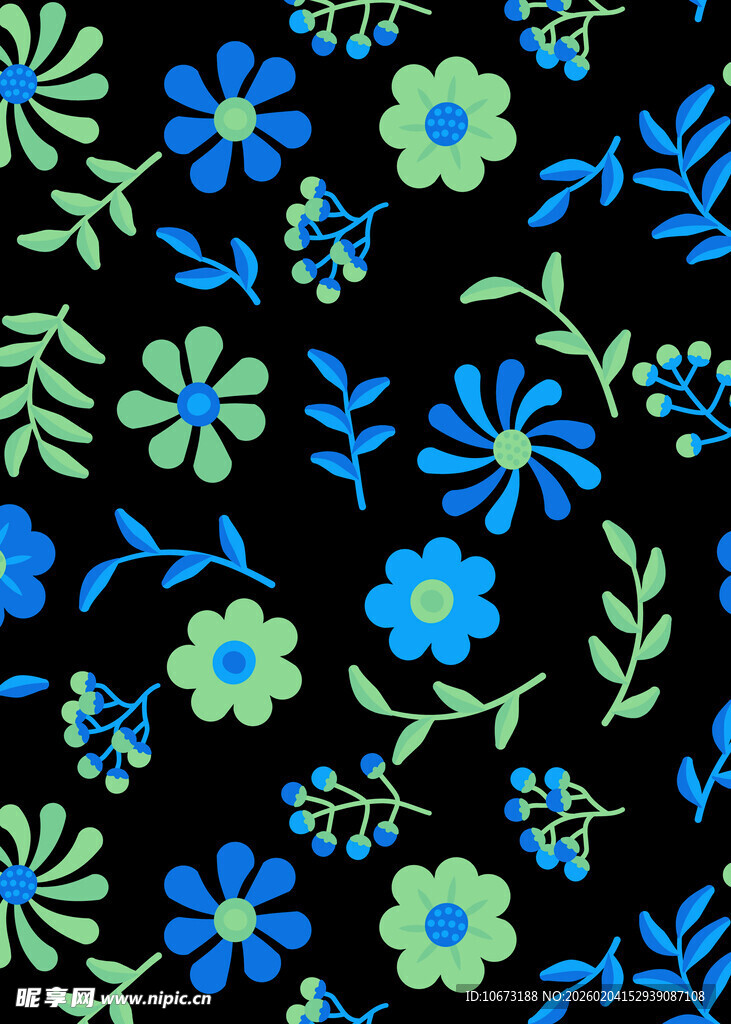 蓝绿花卉黑色背景图案