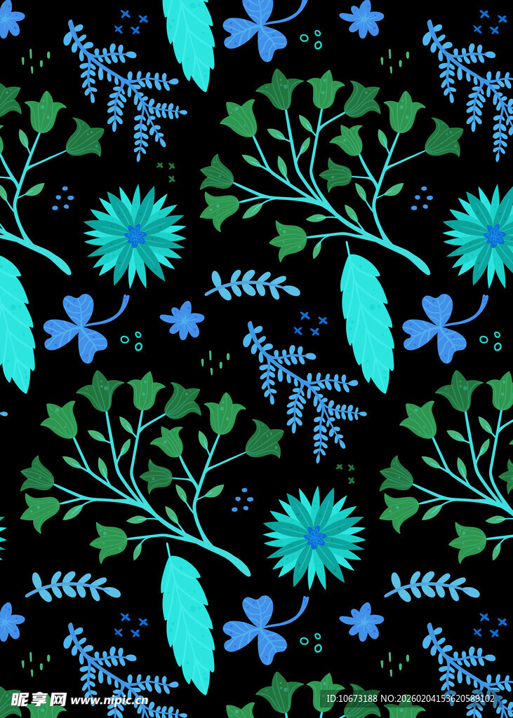 蓝绿花卉枝叶水彩图案