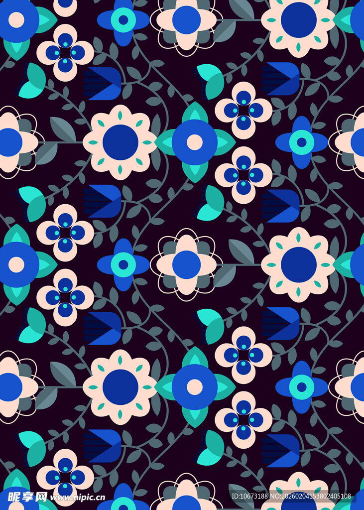 蓝底花卉几何图案纹理