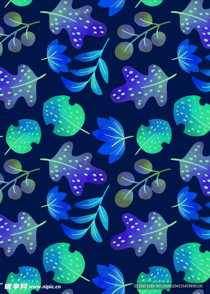 蓝底水彩葡萄叶图案