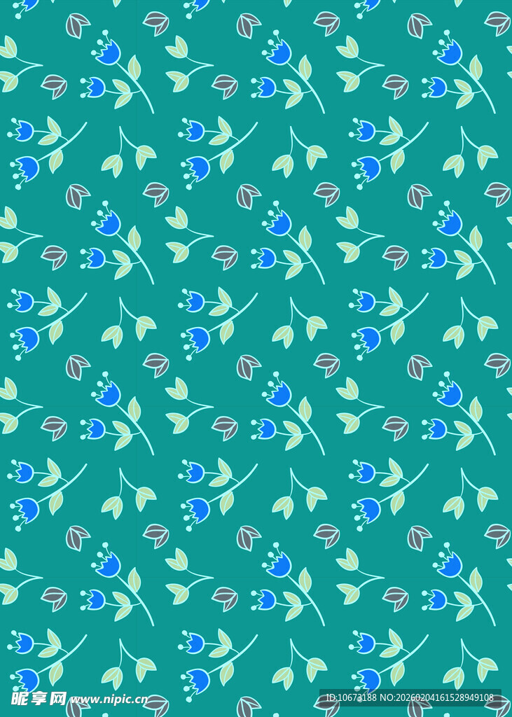 蓝花绿底清新花卉图案