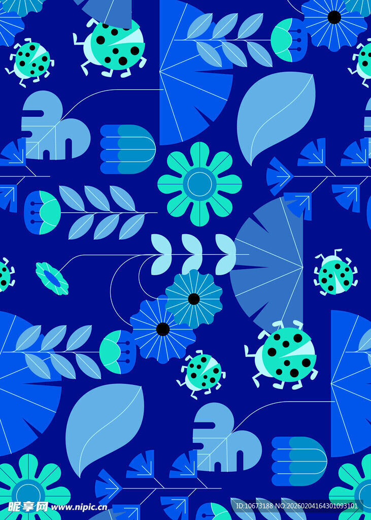 蓝色花卉昆虫图案背景