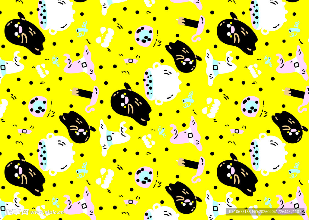 可爱黑白动物黄色背景图案
