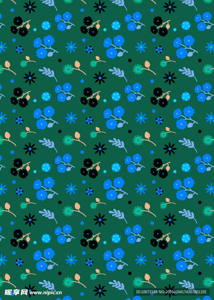 蓝花绿叶无缝图案背景