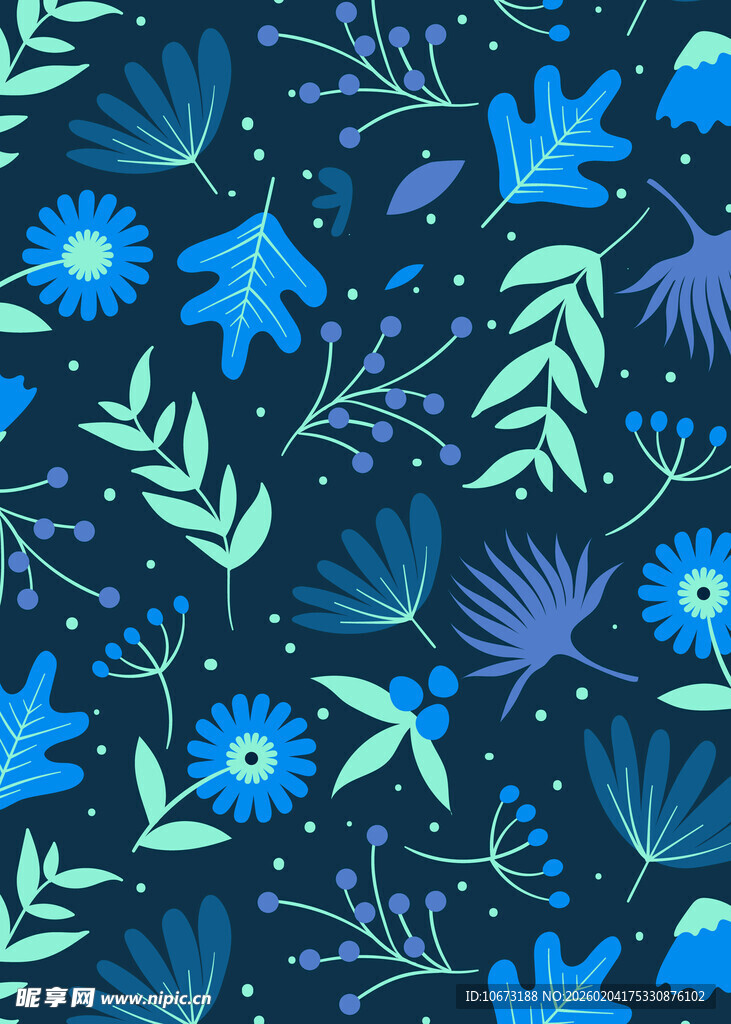 蓝色花卉植物无缝图案