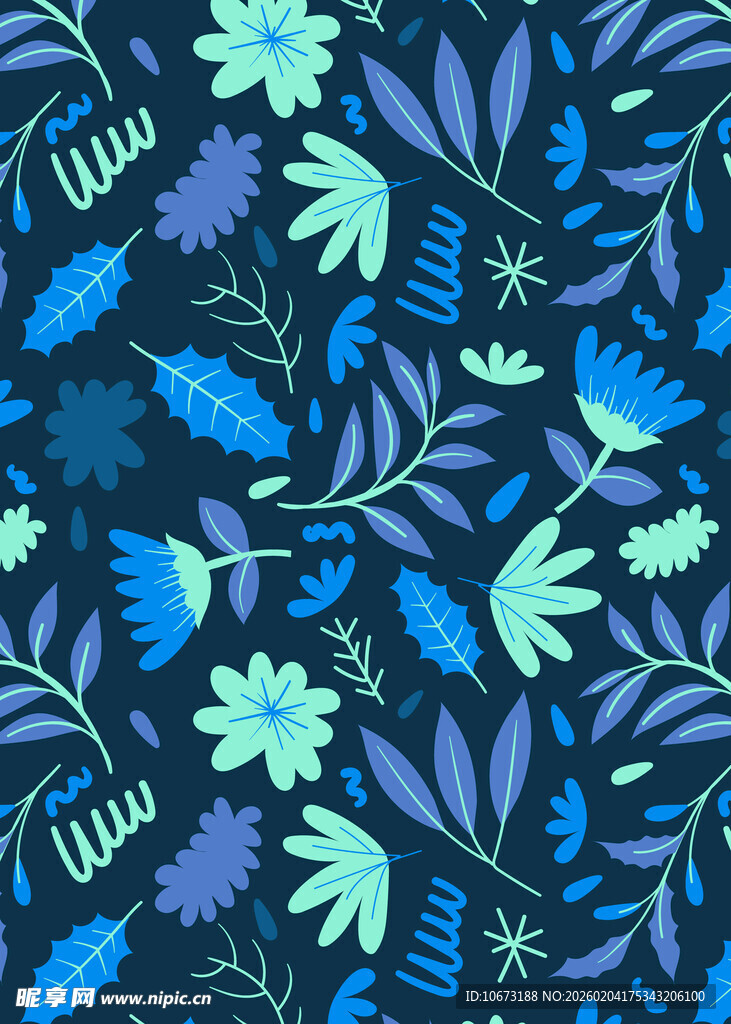 蓝调花卉植物无缝图案