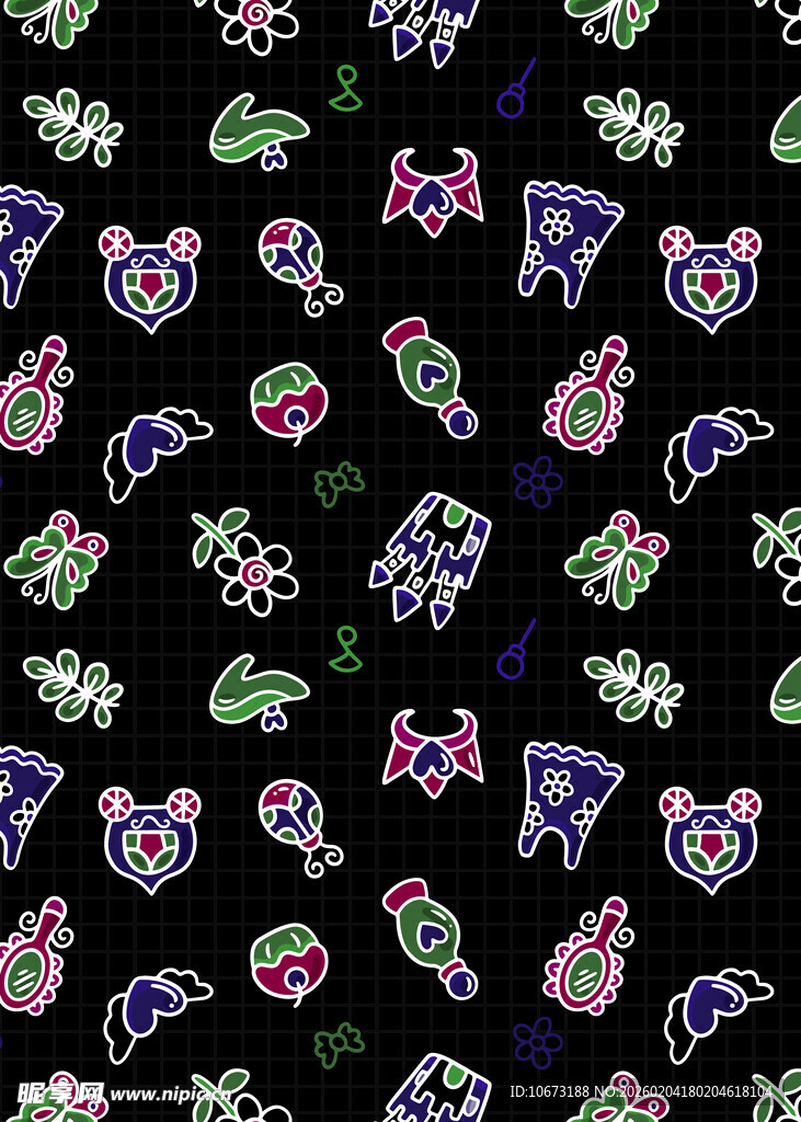 多彩卡通图案黑色背景纹理