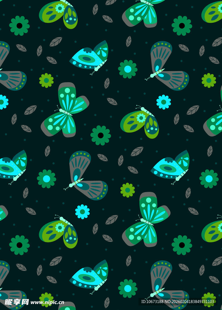 梦幻昆虫花卉黑色背景图案