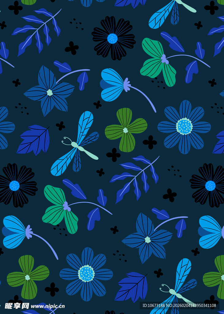 深蓝底色花卉蜻蜓图案