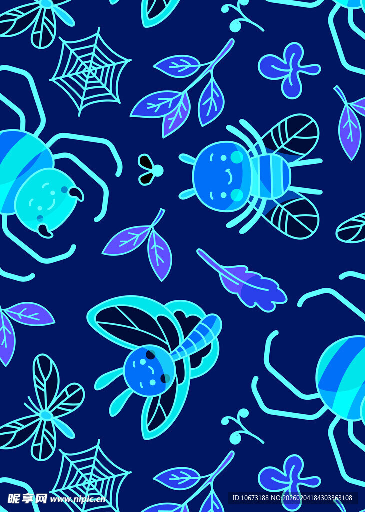 蓝色昆虫图案无缝背景