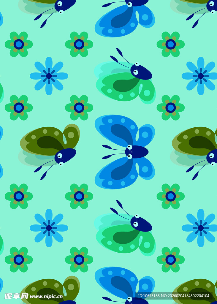 清新蓝绿花卉昆虫图案